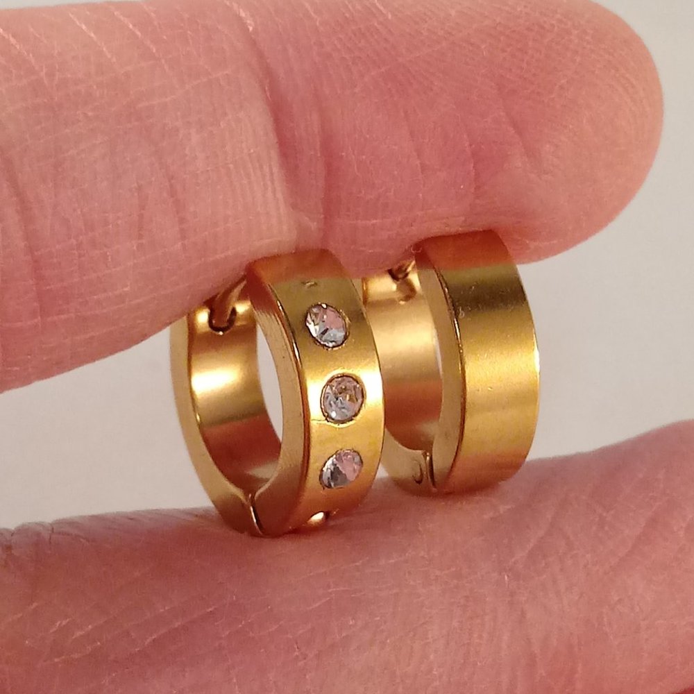Mens Gold Stainless Steel Diamond Zircon Hoop Huggie Earrings 14mm Party Gift - Picture 5 of 6